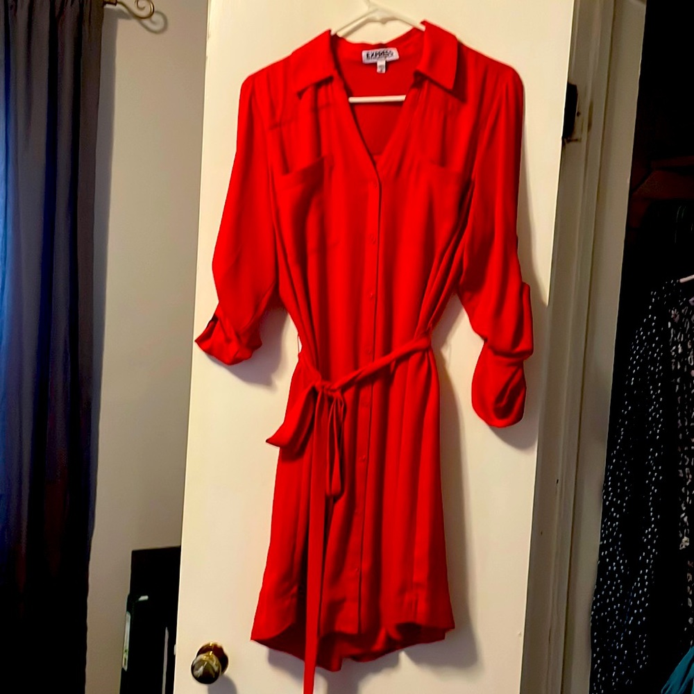 Express Red Long Sleeve Shirt Dress with Tie Waist